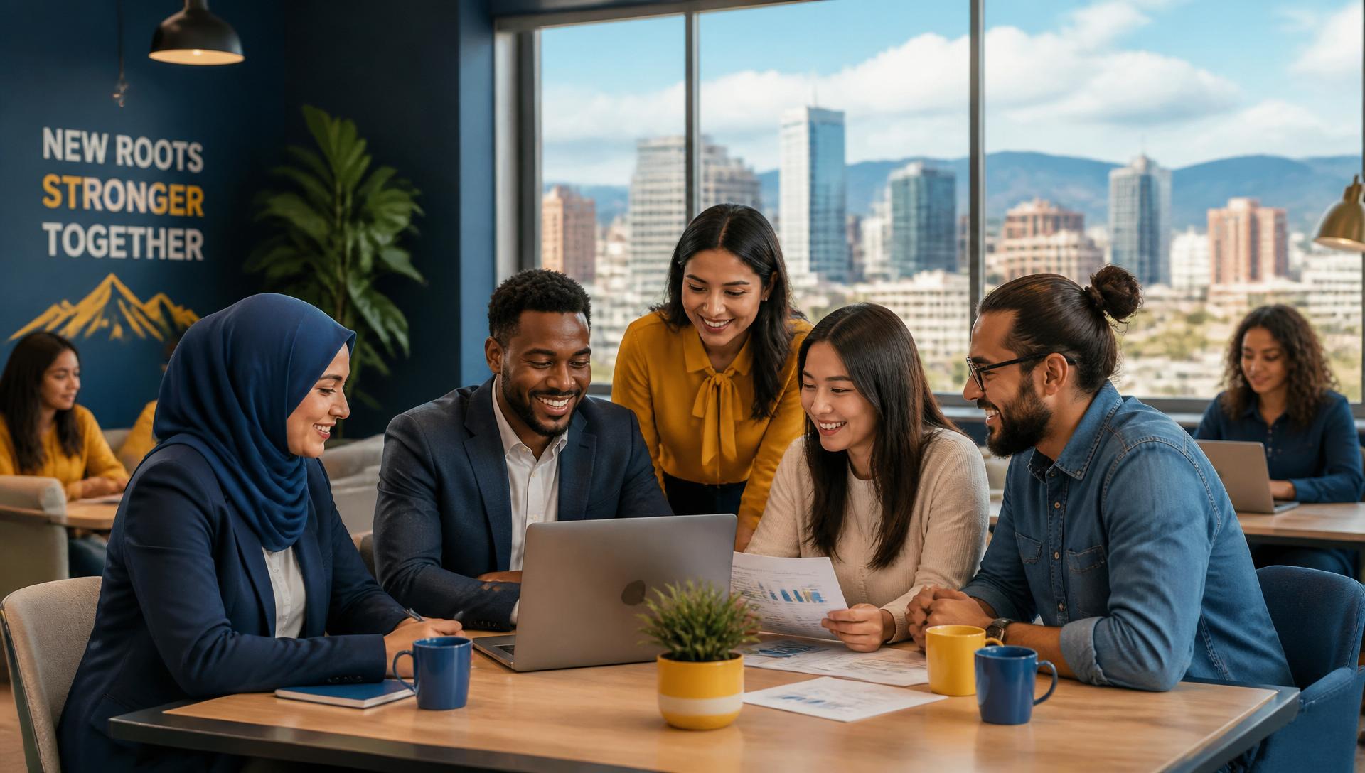 Diverse immigrant entrepreneurs collaborating in a bright Colorado coworking space